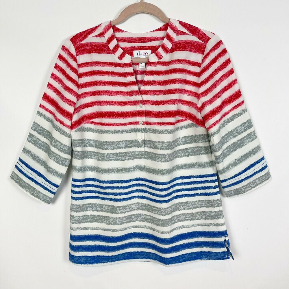Denim & Co Womens Top XXS Red Watercolor Stripe Pullover Y-Neck NWOT